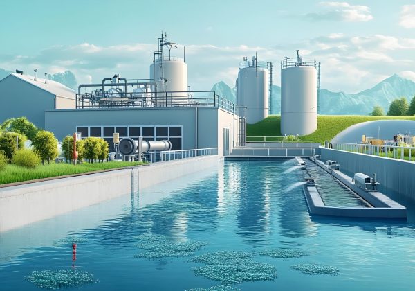 Detailed showcasing the comprehensive water purification process at an industrial water treatment plant including disinfection stages for producing clean